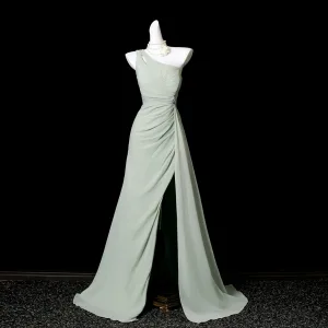 Modest Simple Sage Green Split Front Prom Dresses 2025 Trumpet Mermaid One Shoulder Sleeveless Backless Sweep Train Formal Dresses