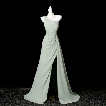 Simple Vert Cendré Fendue Devant Robe De Bal 2025 Trompette Sirène Une Épaule Sans Manches Dos Nu Train De Balayage Robe De Ceremonie