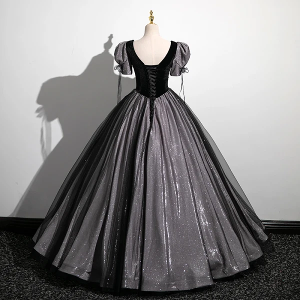 Elegant Black Glitter Velvet Pearl Bow Prom Dresses 2023 Ball Gown Square Neckline Short Sleeve Floor-Length / Long Prom Formal Dresses