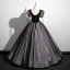 Elegant Black Glitter Velvet Pearl Bow Prom Dresses 2023 Ball Gown Square Neckline Short Sleeve Floor-Length / Long Prom Formal Dresses