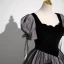 Elegant Black Glitter Velvet Pearl Bow Prom Dresses 2023 Ball Gown Square Neckline Short Sleeve Floor-Length / Long Prom Formal Dresses