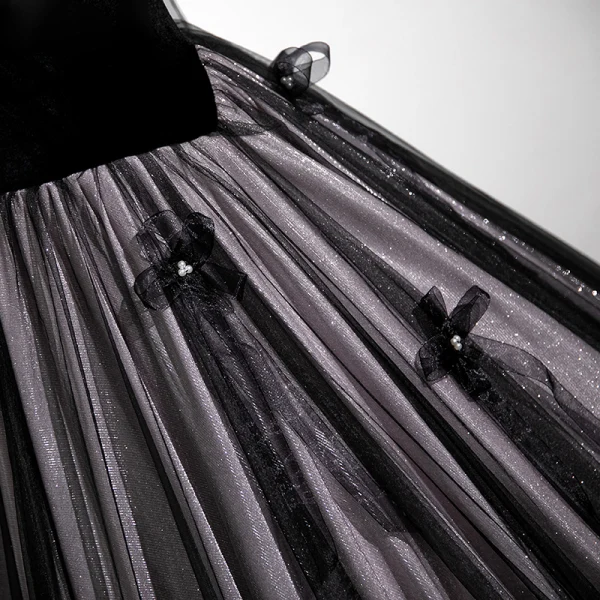 Elegant Black Glitter Velvet Pearl Bow Prom Dresses 2023 Ball Gown Square Neckline Short Sleeve Floor-Length / Long Prom Formal Dresses