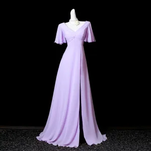Modest Simple Lavender Split Front Prom Dresses 2025 A Line Princess V Neck Short Sleeve Floor Length Long Formal Dresses