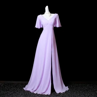 Simple Lavande Fendue Devant Robe De Bal 2025 Princesse V Cou Manches Courtes Longue Robe De Ceremonie