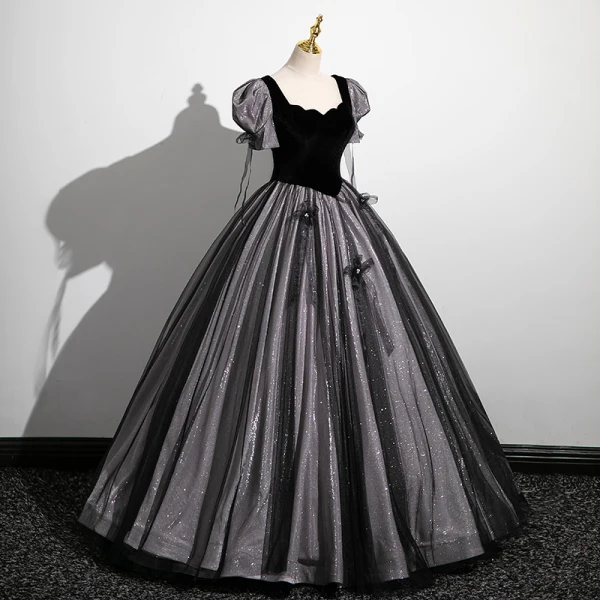 Elegant Black Glitter Velvet Pearl Bow Prom Dresses 2023 Ball Gown Square Neckline Short Sleeve Floor-Length / Long Prom Formal Dresses