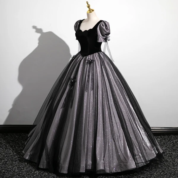Elegant Black Glitter Velvet Pearl Bow Prom Dresses 2023 Ball Gown Square Neckline Short Sleeve Floor-Length / Long Prom Formal Dresses