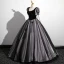 Elegant Black Glitter Velvet Pearl Bow Prom Dresses 2023 Ball Gown Square Neckline Short Sleeve Floor-Length / Long Prom Formal Dresses