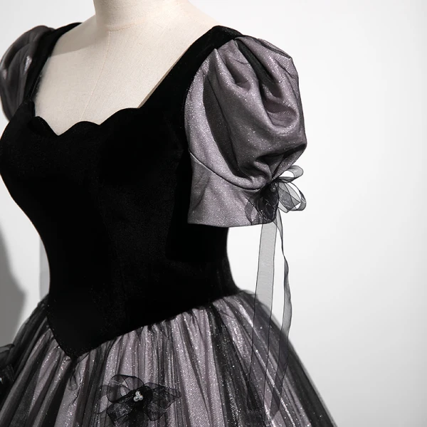 Elegant Black Glitter Velvet Pearl Bow Prom Dresses 2023 Ball Gown Square Neckline Short Sleeve Floor-Length / Long Prom Formal Dresses