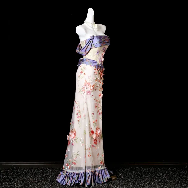 Flower Fairy Champagne Butterfly Appliques Beading Sequins Lace Flower Split Front Prom Dresses 2025 Trumpet / Mermaid Strapless Sleeveless Backless Floor-Length / Long