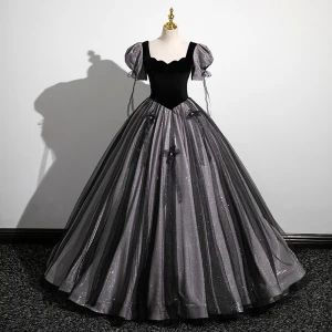 Élégant Noire Glitter Velours Perle Noeud Robe De Bal 2023 Robe Boule Encolure Carrée Manches Courtes Longue Promo Robe De Ceremonie