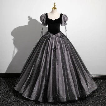Élégant Noire Glitter Velours Perle Noeud Robe De Bal 2023 Robe Boule Encolure Carrée Manches Courtes Longue Promo Robe De Ceremonie