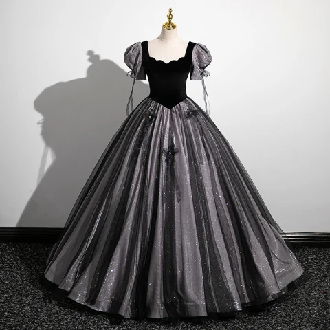 Elegantes Negro Glitter Terciopelo Perla Bowknot Vestidos de gala 2023 Ball Gown Escote Cuadrado Manga Corta Largos Gala Vestidos Formales