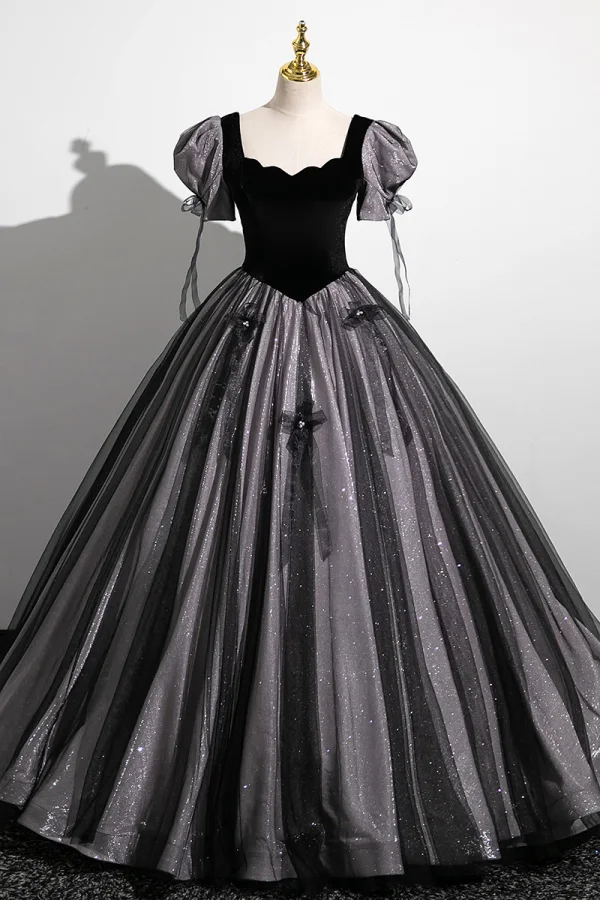 Elegant Black Glitter Velvet Pearl Bow Prom Dresses 2023 Ball Gown Square Neckline Short Sleeve Floor-Length / Long Prom Formal Dresses
