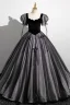 Elegant Black Glitter Velvet Pearl Bow Prom Dresses 2023 Ball Gown Square Neckline Short Sleeve Floor-Length / Long Prom Formal Dresses