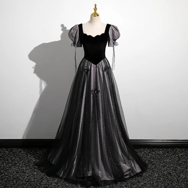 Elegant Black Glitter Velvet Pearl Bow Prom Dresses 2023 Ball Gown Square Neckline Short Sleeve Floor-Length / Long Prom Formal Dresses