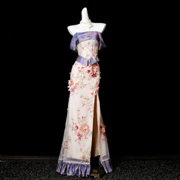 Fée Des Fleurs Champagne Papillon Appliques Perlage Paillettes En Dentelle Fleur Fendue Devant Robe De Bal 2025 Trompette Sirène Bustier Sans Manches Dos Nu Longue