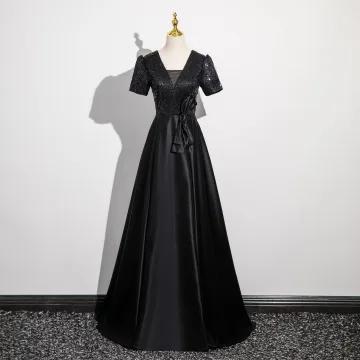 Vintage Retro Black Sequins Prom Dresses 2024 A Line Princess V Neck Short Sleeve Backless Bow Floor Length Long Prom Formal Dresses