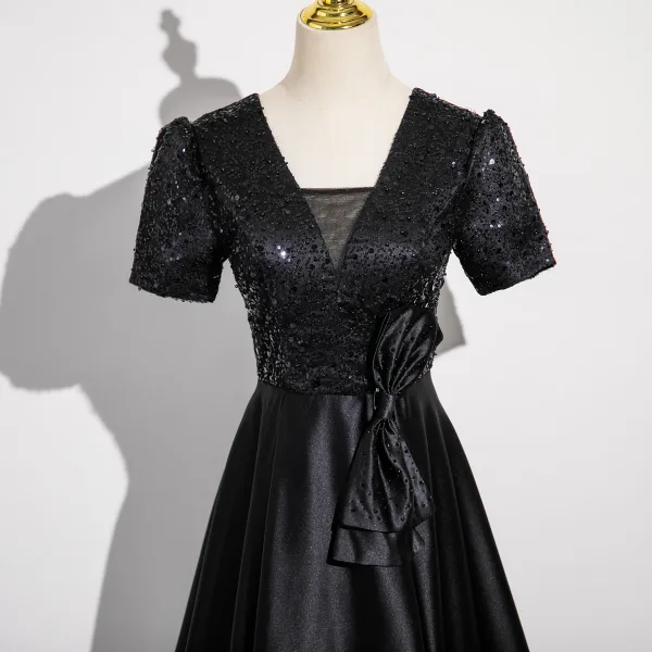 Vintage / Retro Black Sequins Prom Dresses 2024 A-Line / Princess V-Neck Short Sleeve Backless Bow Floor-Length / Long Prom Formal Dresses