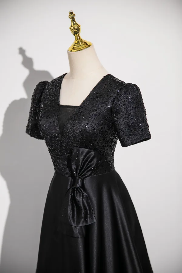 Vintage / Retro Black Sequins Prom Dresses 2024 A-Line / Princess V-Neck Short Sleeve Backless Bow Floor-Length / Long Prom Formal Dresses