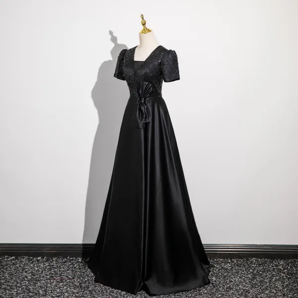 Vintage / Retro Black Sequins Prom Dresses 2024 A-Line / Princess V-Neck Short Sleeve Backless Bow Floor-Length / Long Prom Formal Dresses