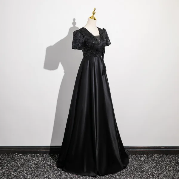 Vintage / Retro Black Sequins Prom Dresses 2024 A-Line / Princess V-Neck Short Sleeve Backless Bow Floor-Length / Long Prom Formal Dresses