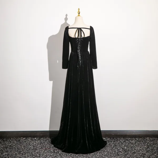 Vintage / Retro Black Sequins Prom Dresses 2024 A-Line / Princess V-Neck Short Sleeve Backless Bow Floor-Length / Long Prom Formal Dresses