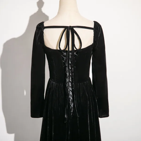 Vintage / Retro Black Sequins Prom Dresses 2024 A-Line / Princess V-Neck Short Sleeve Backless Bow Floor-Length / Long Prom Formal Dresses
