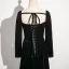 Vintage / Retro Black Sequins Prom Dresses 2024 A-Line / Princess V-Neck Short Sleeve Backless Bow Floor-Length / Long Prom Formal Dresses