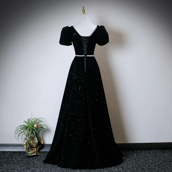 Élégant Noire Perle Paillettes Faux Diamant Robe De Bal 2025 Robe Boule Encolure Carrée Manches Courtes Dos Nu Longue Robe De Ceremonie