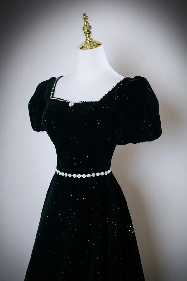 Élégant Noire Perle Paillettes Faux Diamant Robe De Bal 2025 Robe Boule Encolure Carrée Manches Courtes Dos Nu Longue Robe De Ceremonie