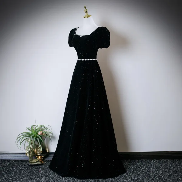 Élégant Noire Perle Paillettes Faux Diamant Robe De Bal 2025 Robe Boule Encolure Carrée Manches Courtes Dos Nu Longue Robe De Ceremonie