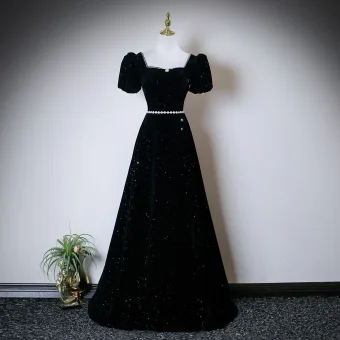 Élégant Noire Perle Paillettes Faux Diamant Robe De Bal 2025 Robe Boule Encolure Carrée Manches Courtes Dos Nu Longue Robe De Ceremonie