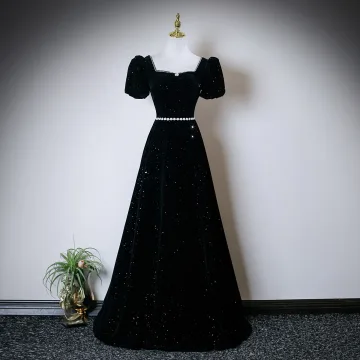 Elegant Black Pearl Sequins Rhinestone Prom Dresses 2025 Ball Gown Square Neckline Short Sleeve Backless Floor Length Long Formal Dresses