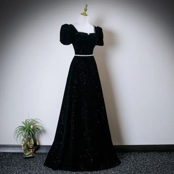 Élégant Noire Perle Paillettes Faux Diamant Robe De Bal 2025 Robe Boule Encolure Carrée Manches Courtes Dos Nu Longue Robe De Ceremonie
