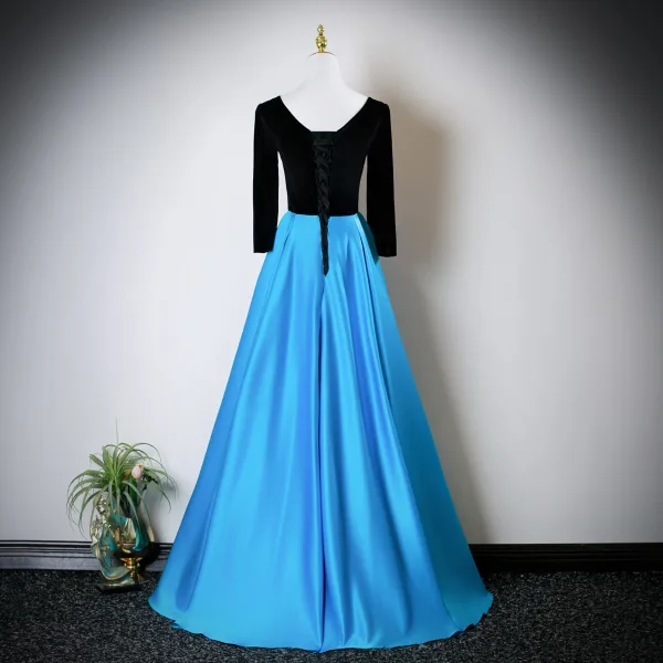 Vintage / Retro Pool Blue Rhinestone Prom Dresses 2025 A-Line / Princess V-Neck Long Sleeve Backless Floor-Length / Long Formal Dresses