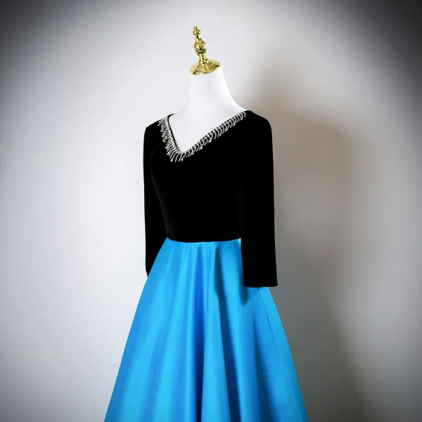 Vintage / Retro Pool Blue Rhinestone Prom Dresses 2025 A-Line / Princess V-Neck Long Sleeve Backless Floor-Length / Long Formal Dresses