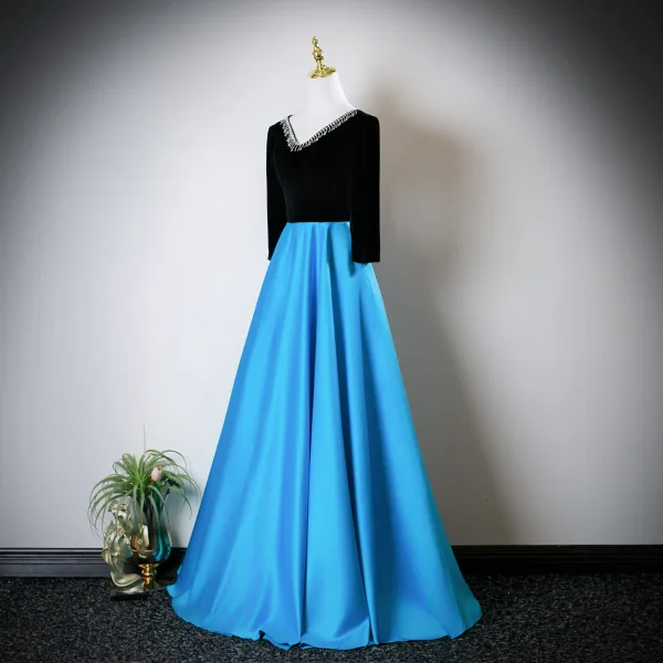 Vintage / Retro Pool Blue Rhinestone Prom Dresses 2025 A-Line / Princess V-Neck Long Sleeve Backless Floor-Length / Long Formal Dresses
