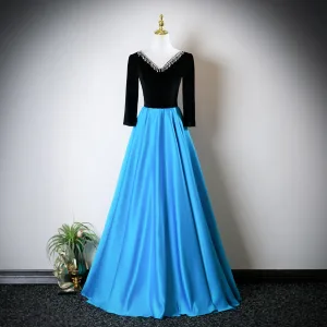 Vintage Retro Pool Blue Rhinestone Prom Dresses 2025 A Line Princess V Neck Long Sleeve Backless Floor Length Long Formal Dresses