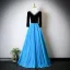 Vintage / Retro Pool Blue Rhinestone Prom Dresses 2025 A-Line / Princess V-Neck Long Sleeve Backless Floor-Length / Long Formal Dresses