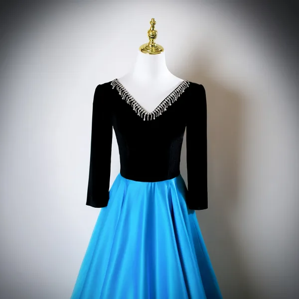 Vintage / Retro Pool Blue Rhinestone Prom Dresses 2025 A-Line / Princess V-Neck Long Sleeve Backless Floor-Length / Long Formal Dresses