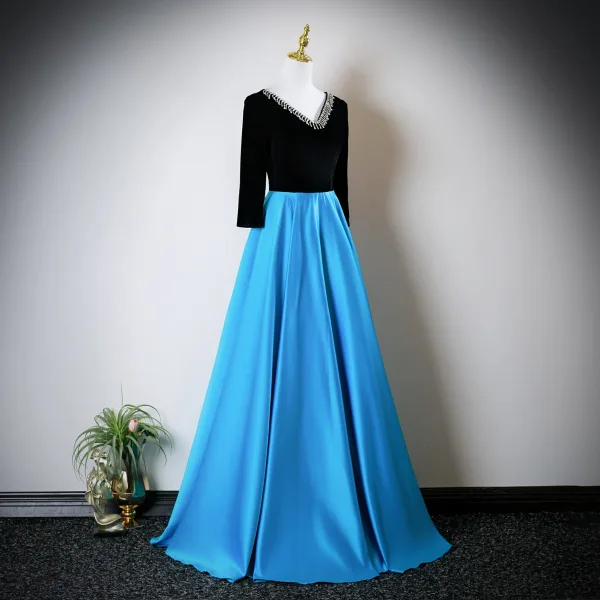 Vintage / Retro Pool Blue Rhinestone Prom Dresses 2025 A-Line / Princess V-Neck Long Sleeve Backless Floor-Length / Long Formal Dresses