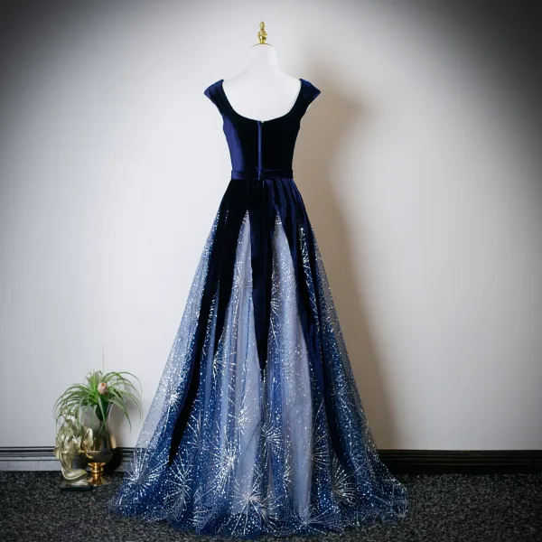 Vintage / Retro Navy Blue Sequins Prom Dresses 2025 A-Line / Princess U-Neck Cap Sleeves Backless Floor-Length / Long Formal Dresses