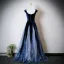Vintage / Retro Navy Blue Sequins Prom Dresses 2025 A-Line / Princess U-Neck Cap Sleeves Backless Floor-Length / Long Formal Dresses