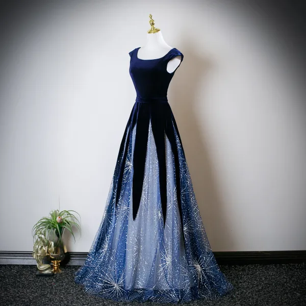 Vintage / Retro Navy Blue Sequins Prom Dresses 2025 A-Line / Princess U-Neck Cap Sleeves Backless Floor-Length / Long Formal Dresses