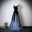 Vintage / Retro Navy Blue Sequins Prom Dresses 2025 A-Line / Princess U-Neck Cap Sleeves Backless Floor-Length / Long Formal Dresses