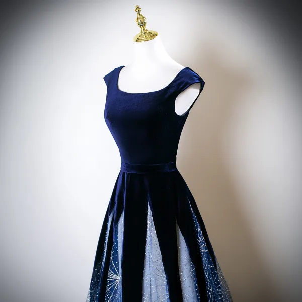 Vintage / Retro Navy Blue Sequins Prom Dresses 2025 A-Line / Princess U-Neck Cap Sleeves Backless Floor-Length / Long Formal Dresses