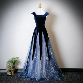 Vintage Originale Bleu Marine Paillettes Robe De Bal 2025 Princesse U Cou Mancherons Dos Nu Longue Robe De Ceremonie