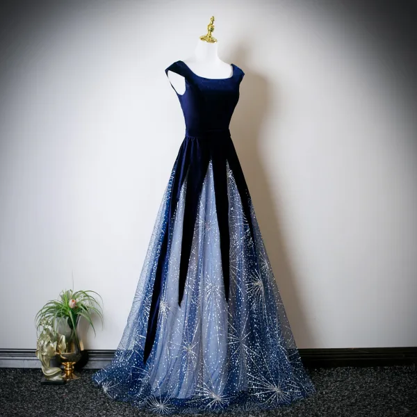 Vintage / Retro Navy Blue Sequins Prom Dresses 2025 A-Line / Princess U-Neck Cap Sleeves Backless Floor-Length / Long Formal Dresses