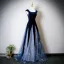 Vintage / Retro Navy Blue Sequins Prom Dresses 2025 A-Line / Princess U-Neck Cap Sleeves Backless Floor-Length / Long Formal Dresses
