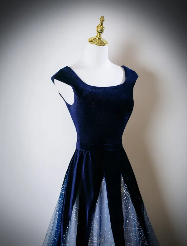 Vintage / Retro Navy Blue Sequins Prom Dresses 2025 A-Line / Princess U-Neck Cap Sleeves Backless Floor-Length / Long Formal Dresses